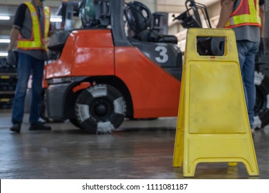 Annual maintenance car lift warning signs at the car repair shop. In the factory technician - Shutterstock ID 1111081187