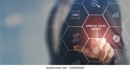 Annual Sales Report Concept. Data Analytics For Driving Agile Decision Making, Improving Process, Adjusting Sales Strategy. Sales Volume, Leads, New Accounts, Revenue. Sales Performance Indicator.