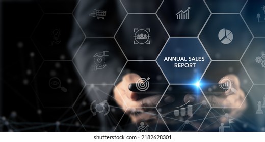 Annual Sales Report Concept. Data Analytics For Driving Agile Decision Making, Improving Process, Adjusting Sales Strategy. Sales Volume, Leads, New Accounts, Revenue. Sales Performance Indicator.