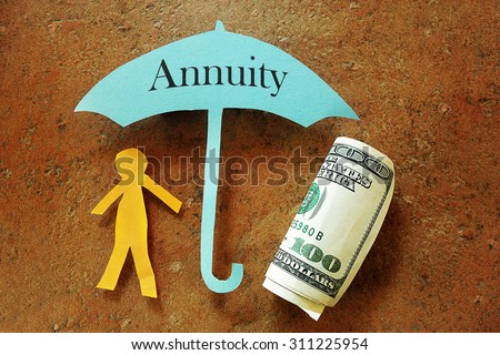 Annuity umbrella over a paper cutout person and hundred dollar bill                               