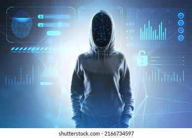 Anonymous access and face recognition concept with digital safety system interface and faceless person in hoody, double exposure