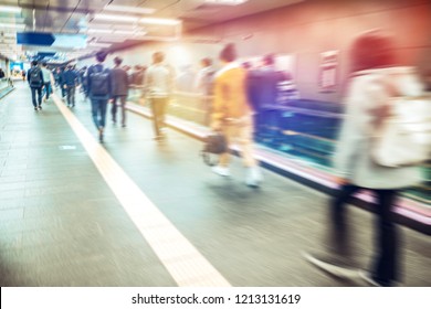 Anonymous blurred people rushing in subway train,Seoul in South Korea.