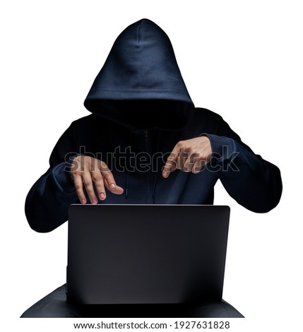 Anonymous computer hacker in hood and laptop isolated over white background. Dark face. Data thief, internet attack, darknet fraud, dangerous viruses and cyber security.