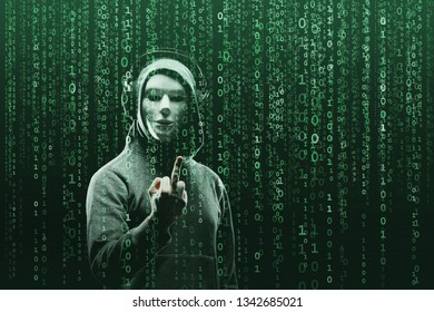 Anonymous computer hacker over abstract digital background. Obscured dark face in mask and hood. Data thief, internet attack, darknet fraud, dangerous viruses and cyber security.