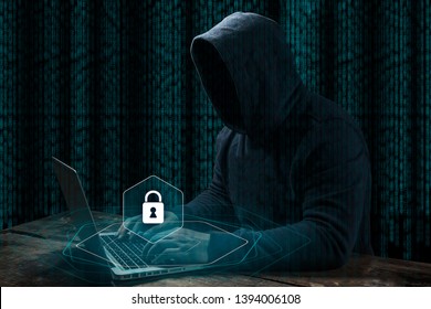 Anonymous computer hacker over abstract digital background. Obscured dark face in mask and hood. Data thief, internet attack, 