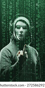 Anonymous computer hacker over abstract digital background. Obscured dark face in mask and hood. Data thief, internet attack, darknet fraud, dangerous viruses and cyber security.