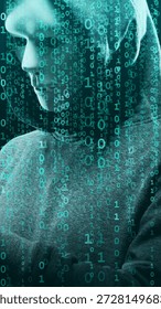 Anonymous computer hacker over abstract digital background. Obscured dark face in mask and hood. Data thief, internet attack, darknet fraud, dangerous viruses and cyber security.