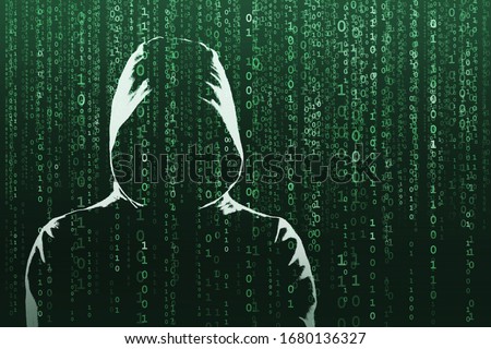 Anonymous computer hacker over abstract digital background. Obscured dark face in mask and hood. Data thief, internet attack, darknet fraud, dangerous viruses and cyber security.
