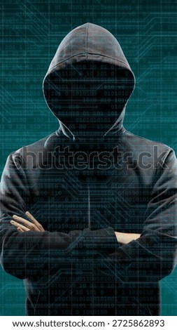 Anonymous computer hacker over abstract digital background. Obscured dark face in mask and hood. Data thief, internet attack, darknet fraud, dangerous viruses and cyber security.