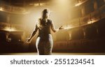 Anonymous Female Opera Singer With Blonde Hair and Outstretched Arms, Performing on a Historic Stage. Her Passionate Performance and Powerful Voice Leave a Lasting Impression. Back View