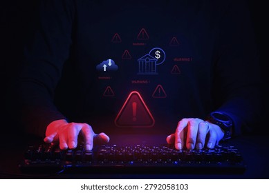 Anonymous hacker attempts financial data breach. Digital security threat urgent, displaying critical information compromise and imminent risk