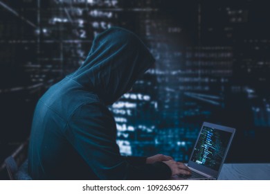 Anonymous hacker in a black hoody with laptop in front of a code background with binary streams cyber security concept - Shutterstock ID 1092630677