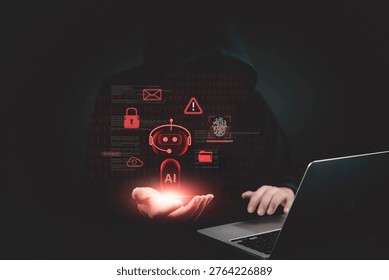 Anonymous hacker using a laptop with glowing red AI artificial intelligence hologram and cybersecurity icons. Concept of cyberattack, malware, data breach, and machine learning threat risks.