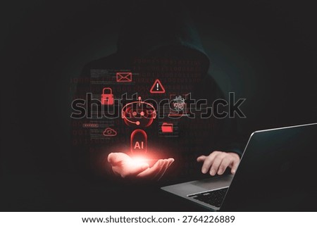 Anonymous hacker using a laptop with glowing red AI artificial intelligence hologram and cybersecurity icons. Concept of cyberattack, malware, data breach, and machine learning threat risks.