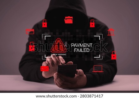 Anonymous hacker using smartphone with payment failed warning overlay, cybercrime and online fraud concept, financial data breach, mobile banking security risk, identity theft, digital cybersecurity.