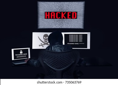 Anonymous hacking with 3 monitors and getting the password of the victim. Black background