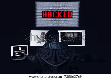 Anonymous hacking with 3 monitors and getting the password of the victim. Black background