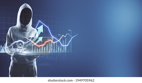 Anonymous investing business concept with no face person in sport suit with laptop and digital interface with growing diagram and graphs on abstract blue background. Mockup