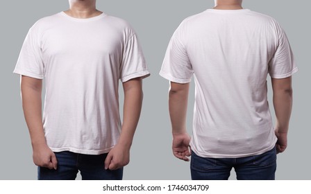Anonymous male in blank black t-shirt, front and back view, isolated over gray background with clipping path. Design men shirt mock up template or print - Shutterstock ID 1746034709