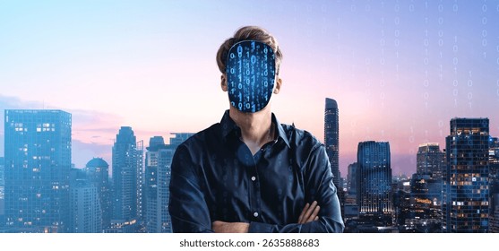 Anonymous man with arms crossed has a digital binary code face, standing in front of tall buildings at sunset, representing digital identity