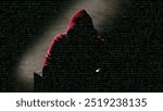 Anonymous man in a hood interview background, mysterious man sitting on a chair and talking. Anonymous hacker interview with no visible face, computer hacker conceptual background