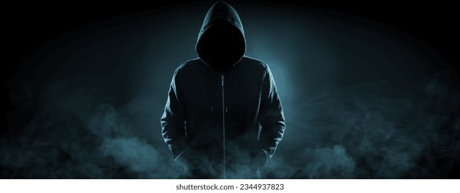 Anonymous man in hood surrounded by smoke on black background. Banner design - Powered by Shutterstock