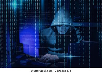 Anonymous man in mask with computers, source and binary code in darkness