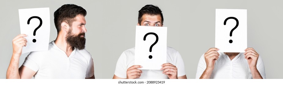 Anonymous man, peeking behind of interrogation symbol. Male incognita. Man a question, anonymous, incognita. Question mark, symbol. Man with question mark. Paper notes with question marks. - Powered by Shutterstock