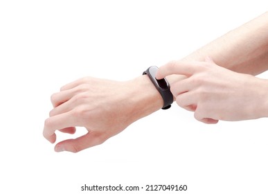 Anonymous Man Tapping A Blank Empty Screen Of A Modern Smartwatch With A Finger, Smart Fit Band Hands Gestures, Hands Isolated On White, Cut Out. Tech Wearables, Wearable Technology Simple Concept