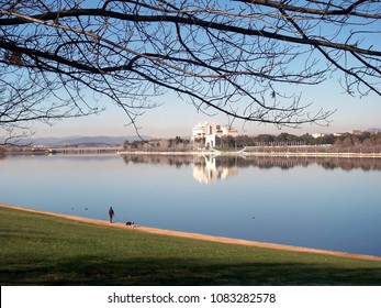 Anonymous Man Walking Dog Along Shore Of Lake Burley Griffin Canberra Australia