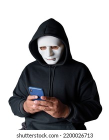 Anonymous Masked Hacker Is Using Smartphones To Penetrate Financial Data With Clipping Path, Hacking And Malware Concept.