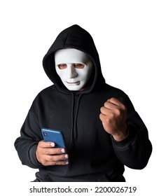 Anonymous Masked Hacker Is Using Smartphones To Penetrate Financial Data With Clipping Path, Hacking And Malware Concept.