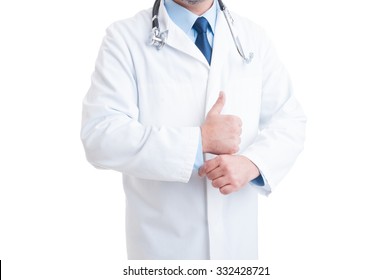 Anonymous Medic Or Doctor Fixing And Adjusting The Shirt Sleeve Under The Lab Coat