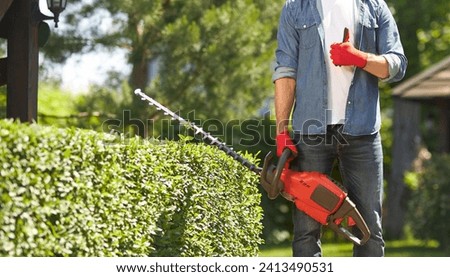 Anonymous muscular gardener in gloves showing thumb up, while standing with electric hedge trimmer at backyard. Crop view of male worker making like gesture, while pruning boxwood. Concept of work.