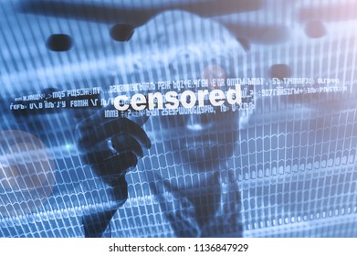 Anonymous person in digital space. Man with not seen look and text 