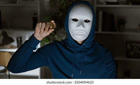 An anonymous person in a mask holds a bitcoin, conceptually linking cryptocurrency to secrecy and privacy in an indoor setting.