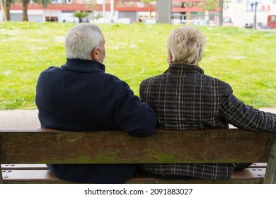 Anonymous Retired Husband And Wife In The Park. Elder Couple Sitting On Bench From Behind