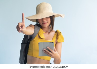 Anonymous Woman Traveler Holding Computer Tablet, Pointing Up One Finger, Number 1 Hand Gesture