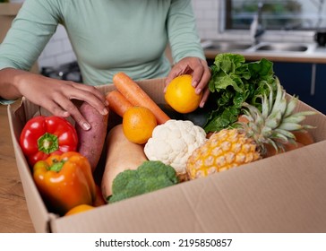 An Anonymous Young Woman Checks Her Fruit And Veg Delivery Box