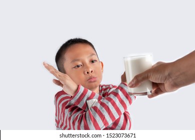 Anorexia Child Concept, The Boy Refused To Drink Milk.