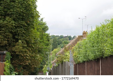 Another view of a hill covered in trees between the houses - Shutterstock ID 1772169470