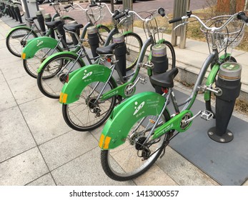 ANSAN, SOUTH KOREA - MARCH 24, 2017: A Parking Lot With Bicycles For Rent. Ansan Is A City In Gyeonggi Province Connected To Seoul By Rail Via Seoul Subway Line 4