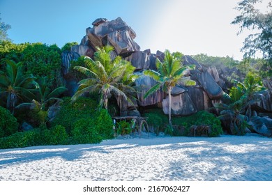 Anse Cocos Beach, La Digue Island, Seychelles, Tropical white beach with the turquoise colored ocean. Anse Cocos beach La Digue Seychelles