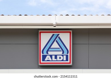 Anse, France - May 23, 2021: Aldi logo on a wall. Aldi is a leading global discount supermarket chain with over 10 000 stores in 18 countries 