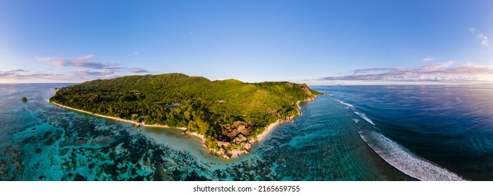 Anse Source d'Argent beach, La Digue Island, Seyshelles, Drone aerial view of La Digue Seychelles bird eye view.of tropical Island - Powered by Shutterstock