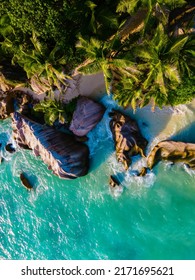 Anse Source D'Argent Beach, La Digue Island, Seyshelles, Drone Aerial View Of La Digue Seychelles Bird Eye View.of Tropical Island