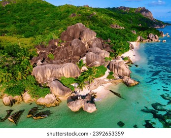 Anse Source d'Argent beach La Digue Island Seychelles, Drone aerial view of La Digue beach Seychelles bird eye view of a tropical island in the evening light