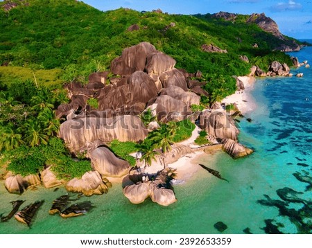 Anse Source d'Argent beach La Digue Island Seychelles, Drone aerial view of La Digue beach Seychelles bird eye view of a tropical island in the evening light