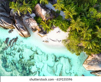 Anse Source D`argent, Beautiful Beach At Seychelles, Drone Photo