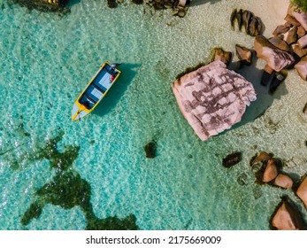 Anse Volbert, Praslin island in Seychelles aerial view on anse volvert cota d'or beach on Praslin island in Seychelles